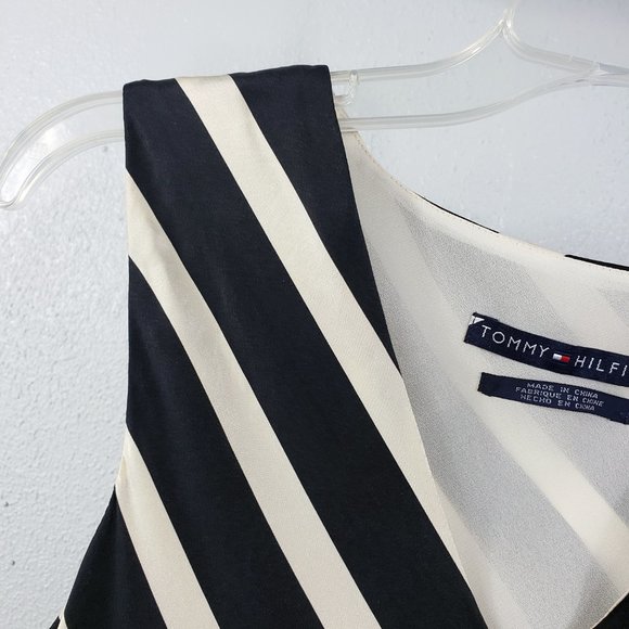 Tommy Hilfiger Size 4 Silk Cream Black Sleeveless V Neck Knee Length Dress - Picture 3 of 12